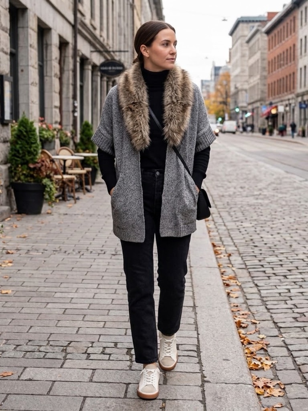 SOFIA CASHMERE 100% Cashmere Real Fox Fur Collar Short Sleeve Cardigan/Topper S